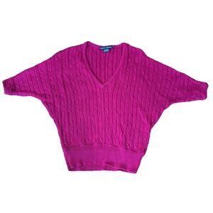 Ralph Lauren Sweater Womens Med Pink Cable Knit V Neck 1/2‎ Sleeve Pima Cotton